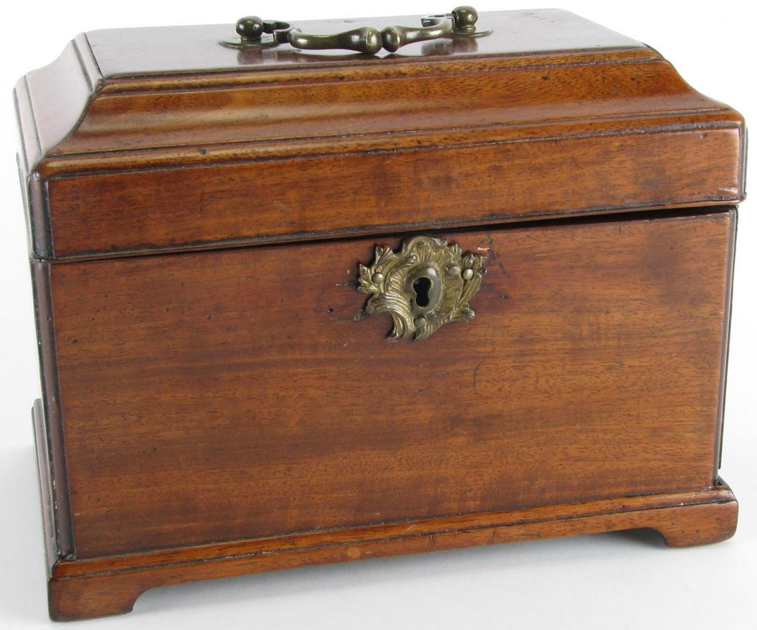 Antique Georgian Wooden Tea Chest: Antique Georgian Wooden Tea Chest, wood carved tea chest with three compartment interior, center with tin insert, side pan is removed to reveal a rectangular slide out tray, hinged and handled lid wit