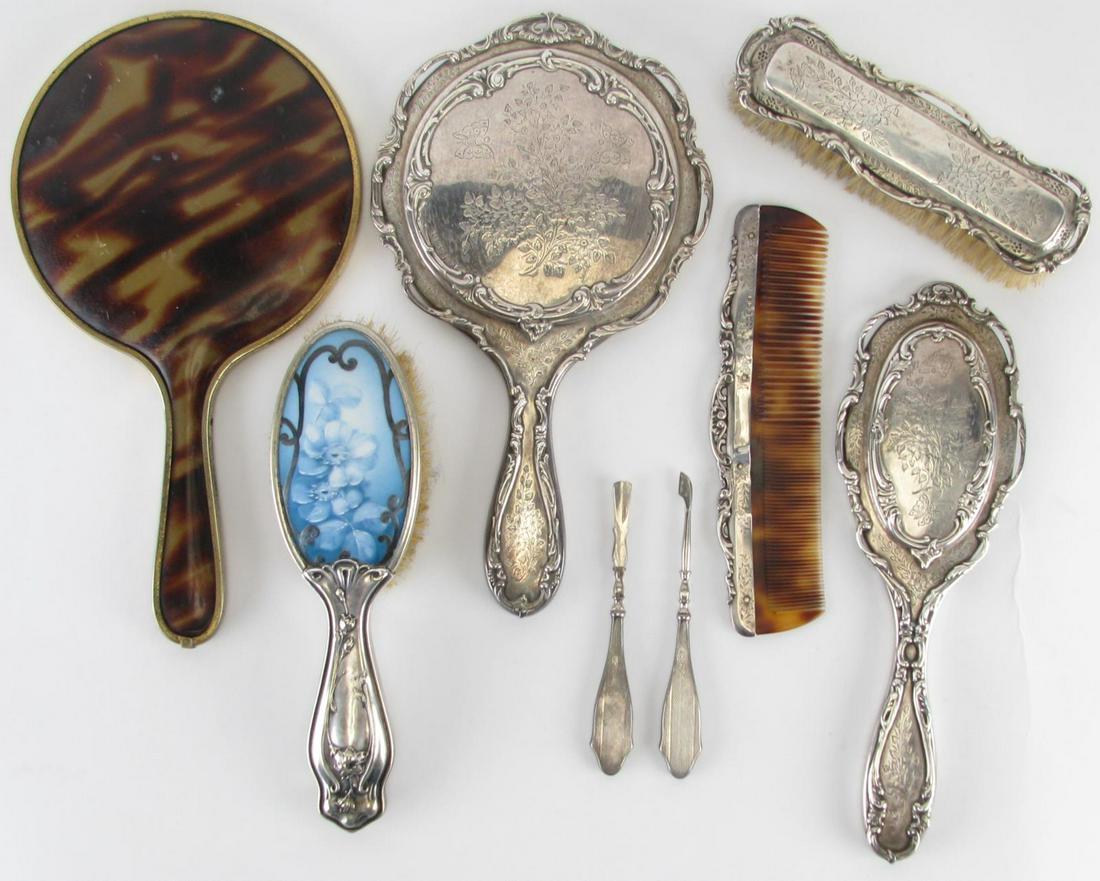 Eight Sterling and Tortoise Shell Dresser Items: Eight Sterling and Tortoise Shell Dresser Items, set of four H. Matthews English sterling including: hand mirror, handled brush (no bristles), rectangular brush, all ca.1907; sterling and tortoise she