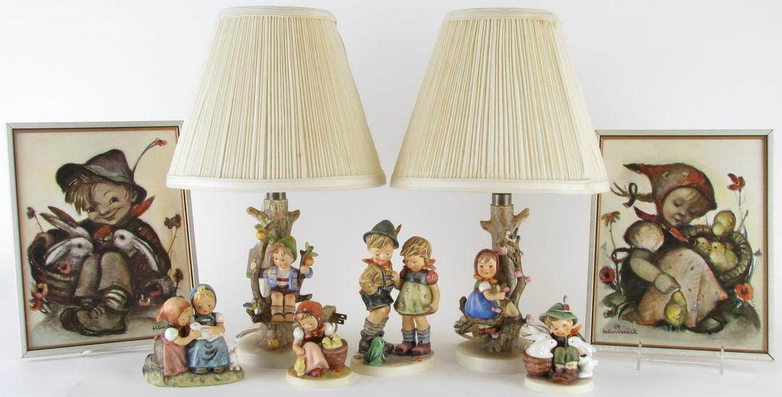 Group of Hummel Lamps, Figures and Framed Prints: Group of Hummel Lamps, Figures and Framed Prints, eight total including: pair of lamps with tan shades; four figures; two framed prints; all hallmarked; 4"-11" high