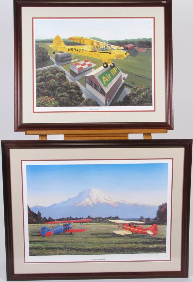 (2) Sam Lyons Ltd Ed Airplane Prints: Two limited edition prints by Sam Lyons, including "Round the Patch", signed in plate and ink signed, #164/500, as framed: 24.5 x 29.5; and "Indian Summer", singed in plate and in pencil, #125/300, si