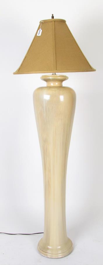 Decorative Floor Lamp: Decorative Floor Lamp, a single light tan painted plaster floor lamp, silk lined tan shade, brass finial, 61" to top of finial