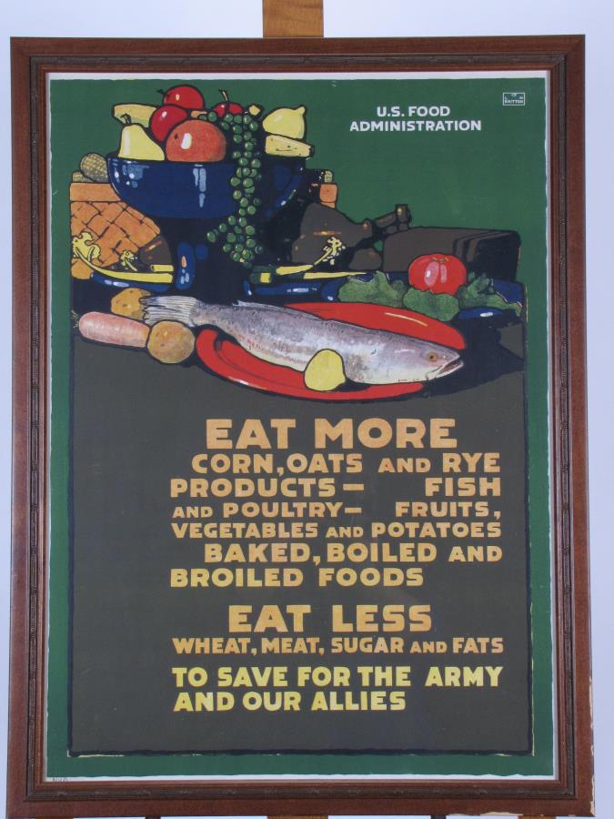 WW1 US Food Admin, "Eat More Corn..." Britton: WW1 era US Food Administration poster #6 "Eat More Corn, Oats and Rye Products...", Designed by L.N. BRITTON (1858-1954), with '17 LN Britton stamp" upper right, size as framed: 31.23.5 (frame with mi