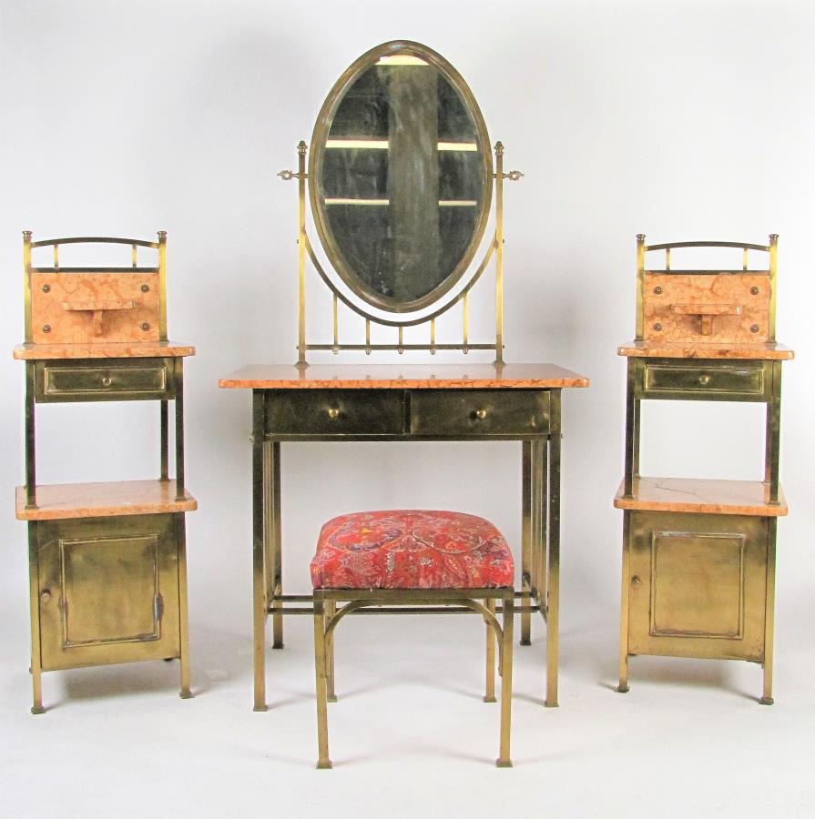 Art Deco Brass and Marble Bedroom Group: An Art Deco brass and marble bedroom group, including vanity dresser with mirror, padded bench, and two nightstands with one drawer and one cabinet door, unique and high quality, ca 1930s (?), vanity-