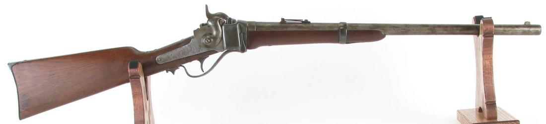 C Sharps "New Model" 1863 Carbine Rifle: Antique Sharps "New Model" 1863 Carbine percussion rifle, 22" barrel, saddle ring, breechloader, no patch box, left side of receiver marked "C Sharps Pat September 12, 1848", serial C, 25675 (125,672)