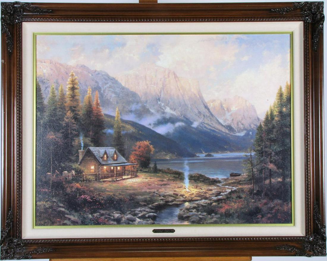 Thomas Kinkade Litho, "Beginning...Perfect Day": A Thomas Kinkade offset lithograph on canvas, "Beginning of a Perfect Day", hand signed and numbered 2432/2950, size as framed: 33 x 41.5