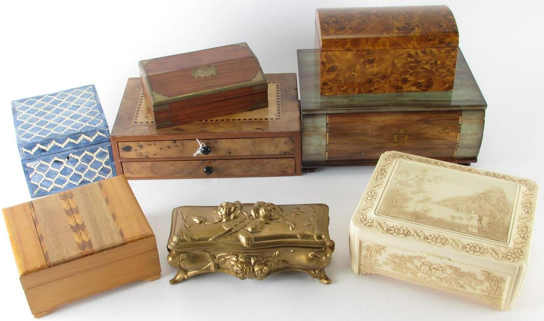 Eight Decorative Boxes: Eight Decorative Boxes, including: a two drawer box with burl veneer; blue tiled wooden box with lock and key; four wooden boxes; plastic box with figures in oriental landscape, mirrored interior lid;