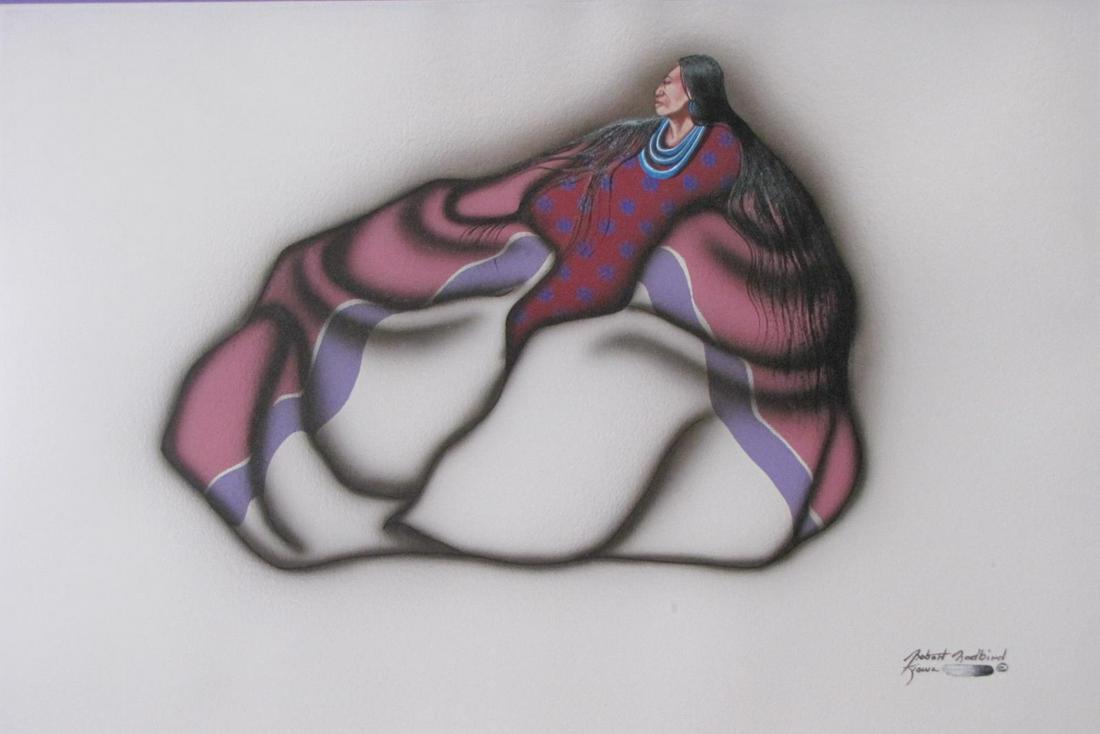 Robert Redbird, Jr 15x22 MixMed Native American Wo: Robert Redbird, Jr (OK, B. 1964) 15x22 , MixMed , signed lower right, Kiowa , Native American Woman , Depicting: woman in large robe size as framed 20.5 x 27.5
