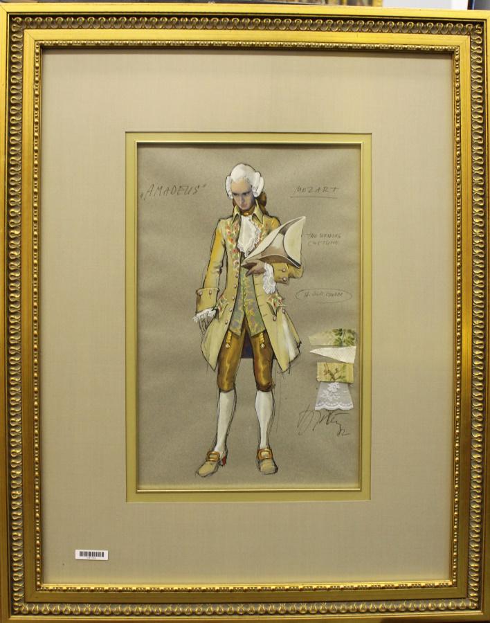 Theodore Pistek 18.5x12 WC "Amadeus" Costume: Theodore Pistek (Czech, b 1932) 18.5x12 , WC , signed lower right , "Amadeus" Costume for the 1984 film, "Amadeus", this one entitled "Mozart Wedding", inscribed upper right, "Mozart the Wedding Costu