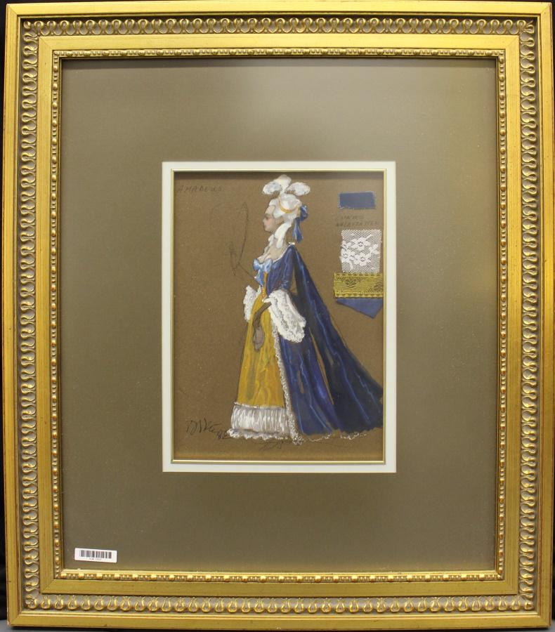 Theodore Pistek 11.75x8.5 WC "Amadeus" Costume: Theodore Pistek (Czech, b 1932) 11.75x8.5 , WC , signed lower left , "Amadeus" Costume original costume sketch for the 1984 film, "Amadeus", this one for "Countess Waldstatten", inscribed upper left, 