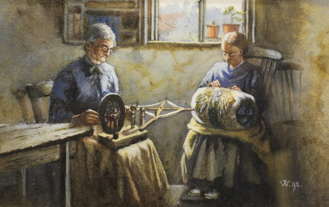 Initialed V.W.(19th C) 4.5x6.75 WC "The Seamstress (1 of 2)