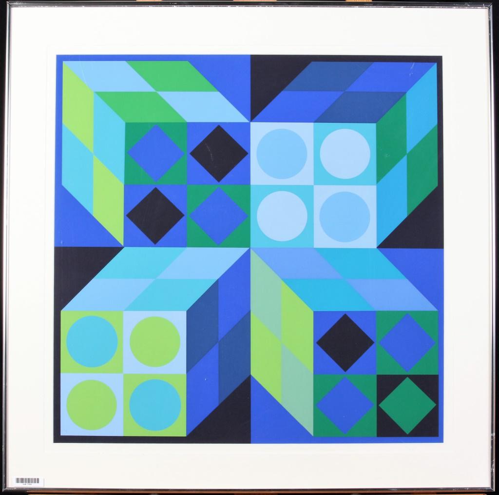 Vasarely Limited Edition Serigraph: A framed, limited edition serigraph by Victor Vasarely (Spain/France, 1906-1997),untitled, this image was used in the Vasarely exhibition poster for Denise Rene Galleries, in Paris, 1971, size as fram