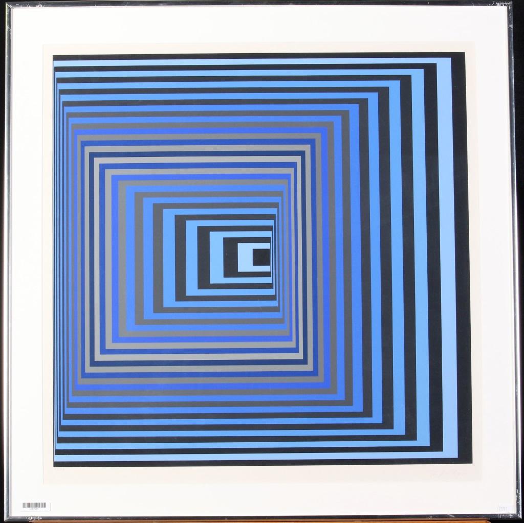 Vasarely Limited Edition Serigraph: A framed, limited edition serigraph by Victor Vasarely (Spain/France, 1906-1997), "Vonal KSZ", signed and numbered in pencil lower margin (74 or 76?) of an edition of 267, size as framed 30 x 29