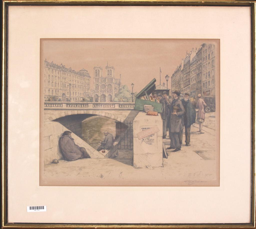 Tavik F Simon, Aquatint Etching "Bookmongers...": Tavik F Simon (Czechoslovakian 1877-1942), color aquatint etching, Deauville (France) street scene, "Bookmongers on the Banks of the Seine", along the Seine, with book shoppers and fisherman, Notre Da