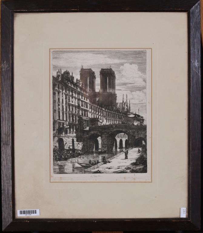 Charles Meryon etching, "Le Petit Pont": "Le Petit Pont" by Charles Meryon (France, 1821 - 1868), with artist monogram in plate upper right, also inscribed in lower margin with title and publisher, Ref: Schneiderman, 20, size as framed 18 x