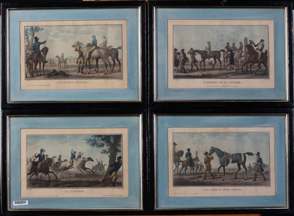 Set of Four Vernet Color Engravings, Horse Racing: A set of four 19th cent color engravings, by Darcis, after the originals by C Vernet, each depicting horse racing scenes, "La Course", "Les Apprets d'une Course", "Les Jockeys Montes", and "L'arivee d