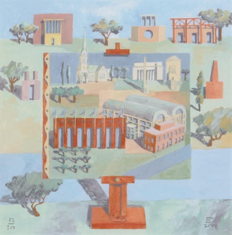 NCAA Indpls Hall of Champions Ltd Ed Print: A framed, limited edition Iris Giclee print, commemorating the NCAA 2000 Indianapolis Headquarters and Hall of Champions, by Indiana-born architect and artist Michael Graves, entitled "Season of Dream