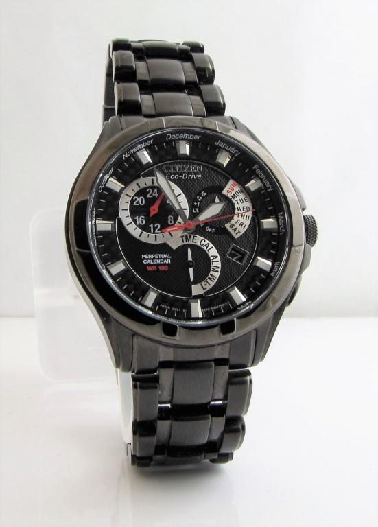 Citizens Eco-Drive E870 Black Stainless Watch: Citizens Black stainless Eco-drive E870-s065101 Gs Watch, black face, features dual time, month-day-date, 12/24 hour time, non-reflective crystal, approx 40mm case, 100M WR, foldover clasp with hidden