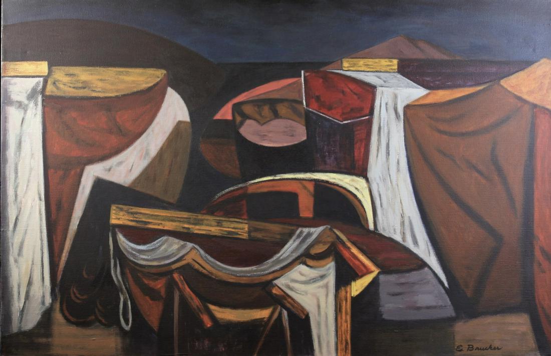 Edmund Brucker 30x46 A/C Nocturnal Wharf: Edmund Brucker (IN, 1912-1999) 30x46 , A/C , SLR , Nocturnal Wharf , Depicting: Various Nautical Items , Exhibited: Indiana Artist Club Exhibition Tag Verso Unframed