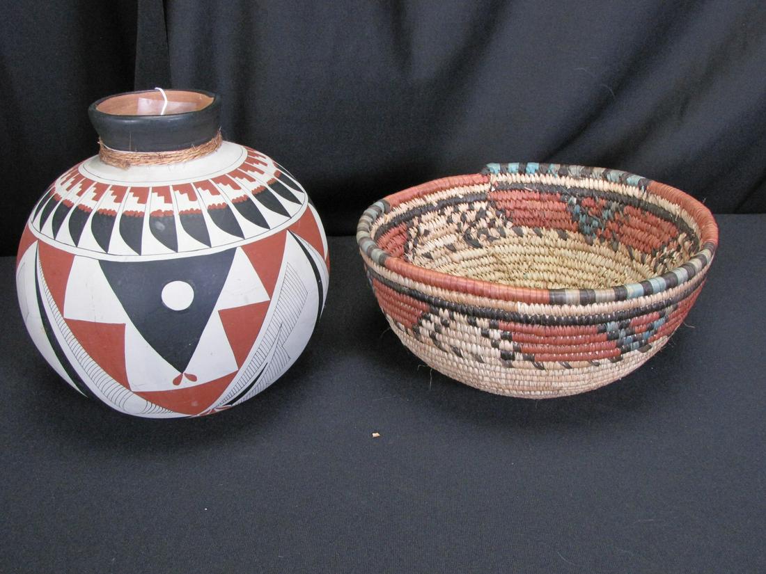 Acoma Native American Pottery Pot, Woven Basket (1 of 5)
