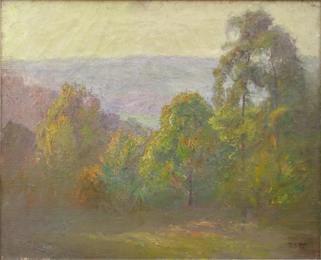Theodore Clement Steele 22x27 O/C "Blue Hills": Theodore Clement Steele (IN, 1847-1926) 22x27 , O/C , SLR , "Blue Hills" , Depicting: Autumn Woods, Brown County Provenance Signed and dated 1916 lower right; Letter of authenticity and letters from t
