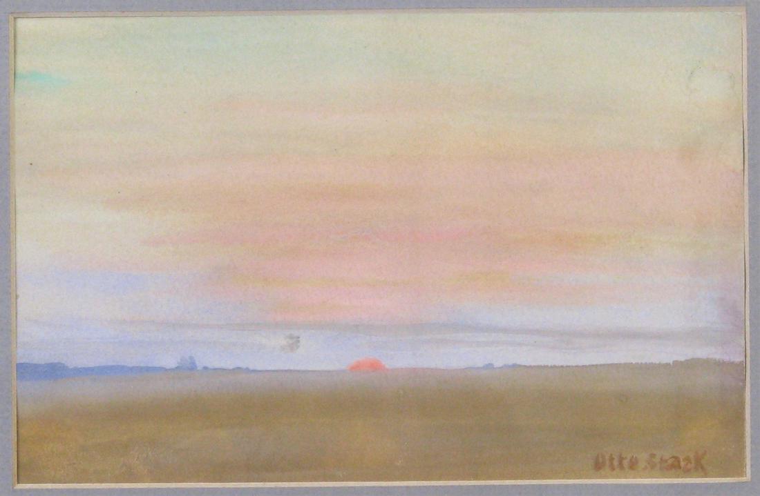 Otto Stark 6x9 WC "In Day's Beginning": Otto Stark (IN, 1859-1926) 6x9 , WC , signed lower right , "In Day's Beginning" , Depicting: sunrise landscape , Titled: titled in pencil on cardstock verso size as framed: 16 x 20