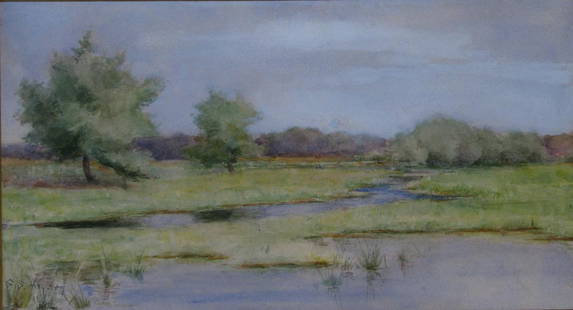 Sara S Hayden 8x13 WC Creek in Meadow: Sara S Hayden (IL/NE, 1862 - 1939) 8x13 , WC , signed lower left , Creek in Meadow as framed: 14x19.5