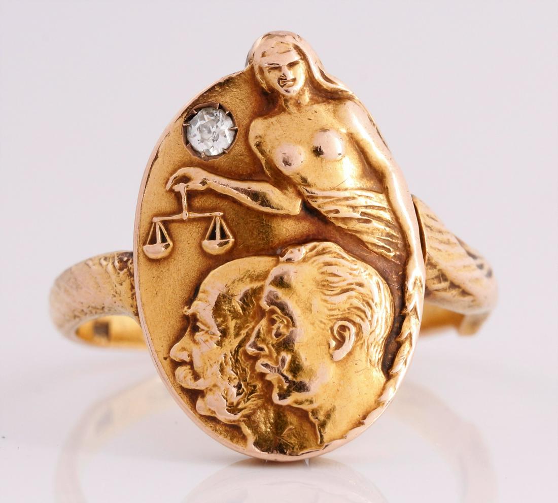 14K WWI Allies Ring with Diamond: A vintage 14K yellow gold oval historic WWI allies ring with an old European cut direct set diamond weighing .05ct. A vintage 14K yellow gold oval ring with an old European cut direct set diamond weig