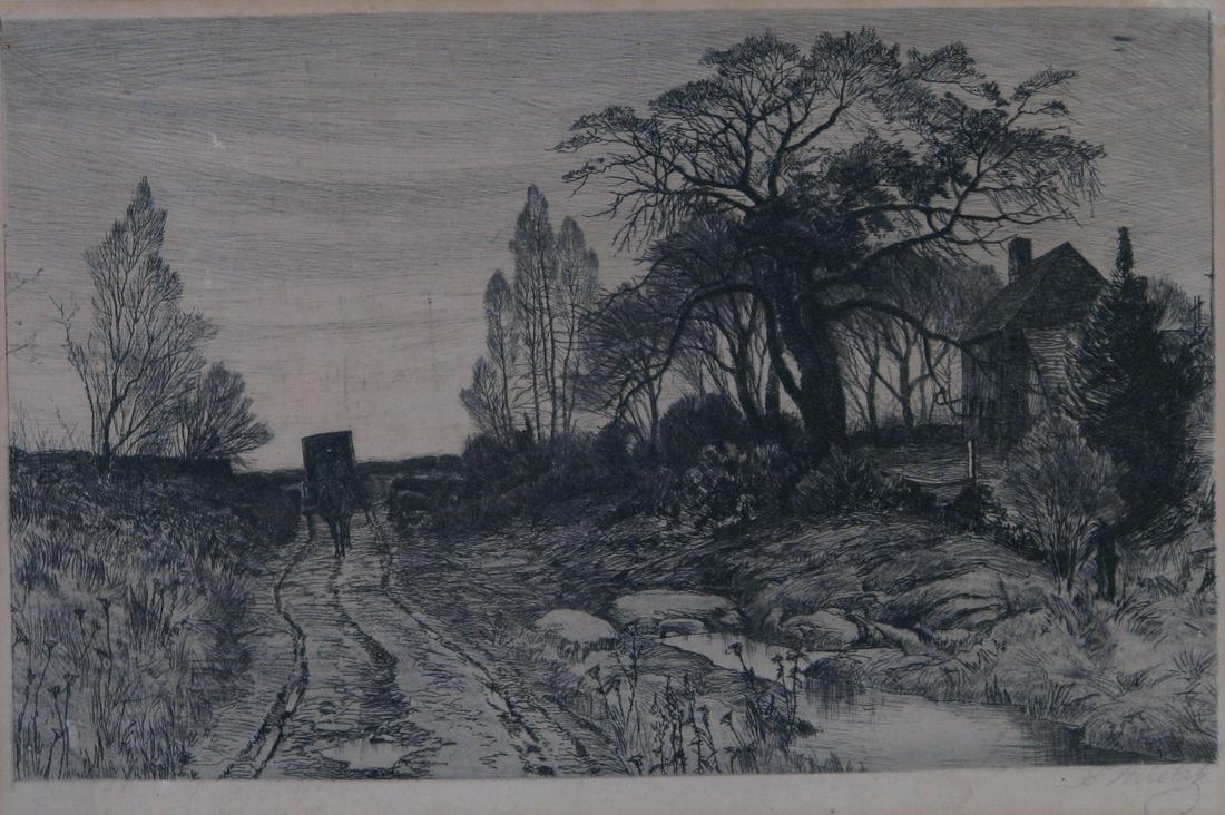 19th Cent Etching, C Freitag, Horse and Buggy (1 of 3)