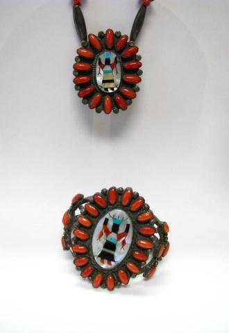 Silver and Coral Native American Cuff/Necklace: Sterling Silver and Coral Native American necklace depicting figure inlaid with abalone and matching cuff bracelet