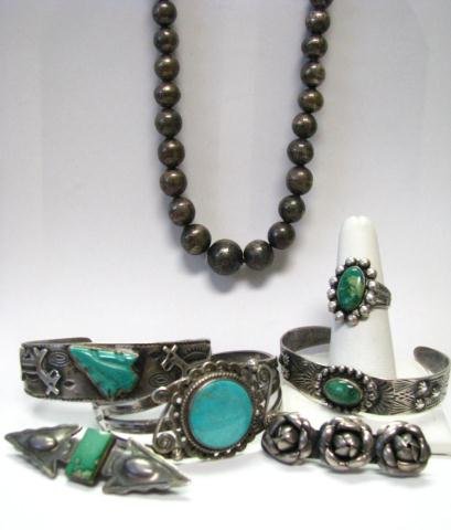 Group of Vintage Southwest Silver Jewelry: Group of vintage Southwest silver jewelry, including three cuff bracelets, each set with turquoise or jade, ring with oval jade, two bar pins, one with jade, and one bead necklace, marked, sterling on