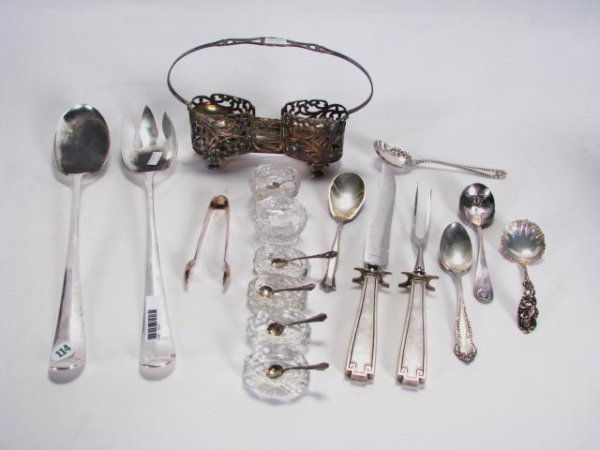 Group of Sterling Silver Table Accessories: Group of sterling silver table accessories including large hallmarked salad set, monogrammed table spoon, small carving set, unmarked with sterling handles, monogrammed, five salt dips, six salt cella