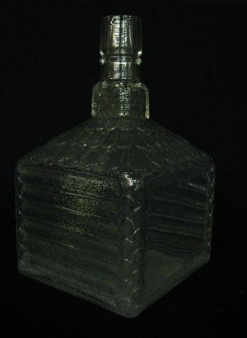 Old Times Whiskey Antique Log Cabin Bottle: Antique bottle, clear, in log cabin shape, Old Times Whiskey, 7.5" high, couple of hairline cracks on bottle, chip on rim, interior discoloration (see photos)