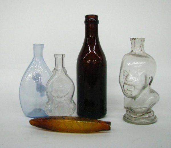 Group of Five, Antique Bottles: Group of five antique bottles, including figural crying baby (small open bubble on base), Charley Ross perfume, Amber Coca-Cola from Cinc., OH, free blown 1/2pint flask with open pontil, cigar shape a
