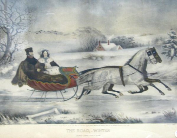 N Currier Litho, Antique, "The Road-Winter": Antique Nathaniel Currier lithograph, with hand coloring, entitled "The Road-Winter", Based on a drawing by Otto Knirsch, depicting a scene of a couple in a sled being pulled by a horse in a winter la
