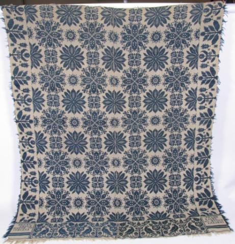 Antique Blue and White Jacquard Coverlet: Blue and white jacquard coverlet, with tree and oak leaf border, signature corner blocks, Henry Adolf, Wayne Co. (Cambridge City), Indiana, 1815-1907, born in Alsace, France, migrated to Montgomery, O