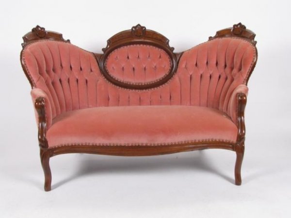 Victorian Medallion Back Settee: Victorian Medallion Back Settee with carved walnut frame and burled veneer, channel and tufted nail head trim upholstery