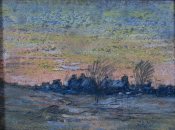 GH Baker 5x7 pastel Dusk Landscape: George Herbert Baker (IN, 1878-1943) 5 x 7 pastel, signed lower right, depicting an Indiana landscape at dusk