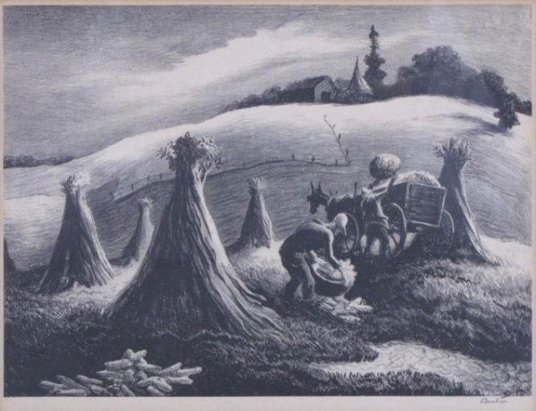 Thomas Hart Benton Litho, "Loading Corn": Thomas Hart Benton (MO, 1889-1975) 9.5 x 12.75 (image size) lithograph, pencil signed lower right, "Loading Corn", Published by Associated American Artists (Tag Verso), moderate acid darkening around