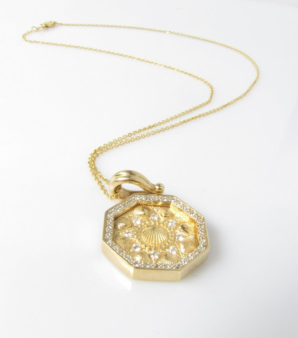 14K Yellow Gold Diamond Shell Pendant, Chain (1 of 4)