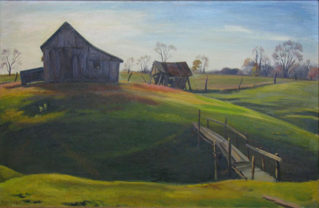 Edmund Brucker 21.5x33 O/B The Old Farm: Edmund Brucker (IN, 1912-1999) 21.5x33 , O/B , SLL , The Old Farm Provenance Indiana State Fair Home and Family Arts Exhibition Tag verso