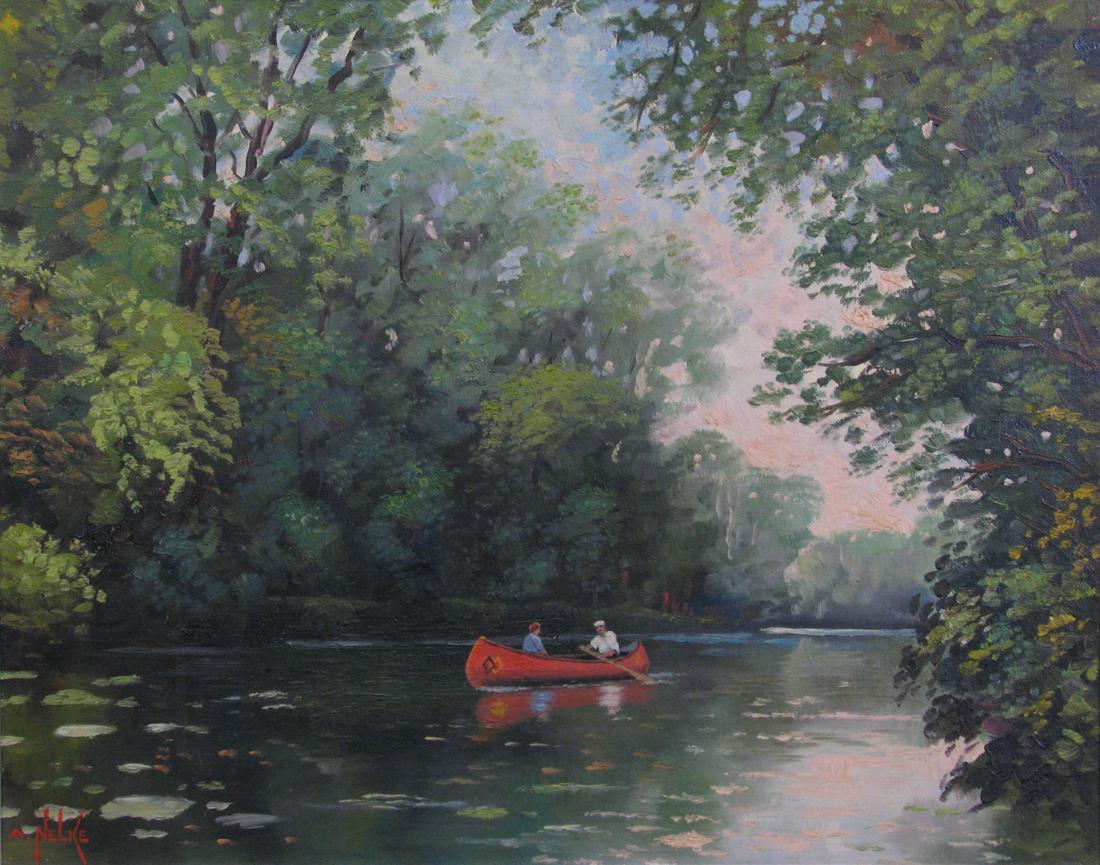 Alexander Nelke 16x20 O/B Canoeing: Alexander Nelke (US/Estonia, 1894-1974) 16x20 , O/B , SLL , Canoeing , Depicting: Two figures in canoe on a lazy river Size as framed 21.5x25.5