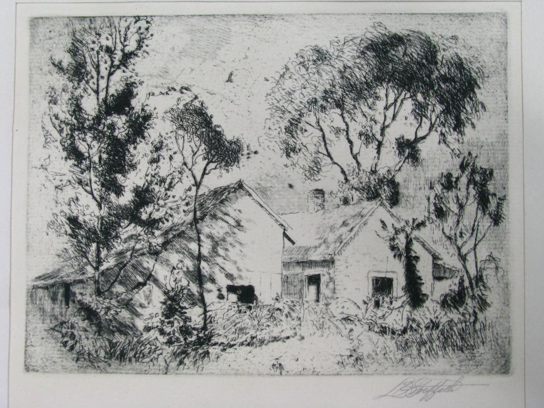 L.O. Griffith Etching, Two Buildings (1 of 3)