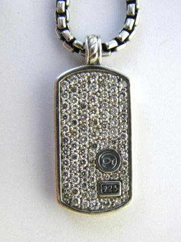 David Yurman Sterling Diamond Dog Tag Pendant: David Yurman sterling silver diamond Dog Tag pendant, with silver box-link chain