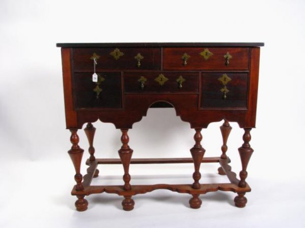 Mid 19th Century Wm & Mary Sideboard: Mid 19th Century sideboard, William and Mary style, hand wrought brass pulls and false escutcheons, five drawers, dovetail joinery, square stretcher base, circa 1820-1850, 36" high,