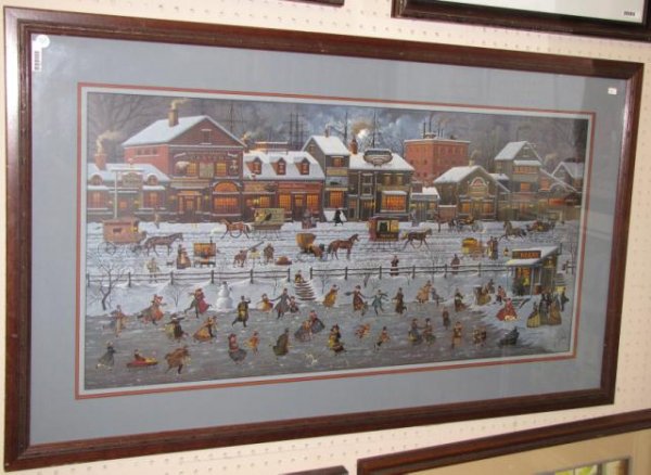 Charles Wysocki Limited Edition Print: Charles Wysocki Limited Edition Print, New England Nocturn Winter Village, 5677 of 6711 , pencil signed, framed and matted