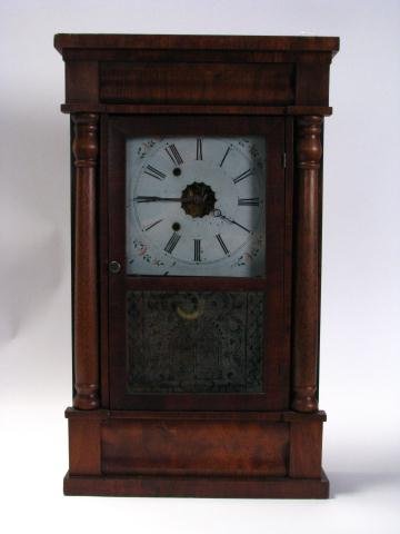 Chauncey Jerome Ogee Clock: Chauncey Jerome Ogee Clock, porcelain on tin painted face, two cast lead weights, 25" high, not working