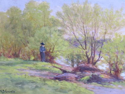 RB Gruelle 9x12 WC Man in Landscape: Richard Buckner Gruelle (American, 1851-1914) watercolor, signed lower left, depicting a man with a cane in a waterfront landscape includes the book "The Hoosier Group, Five American Painters"
