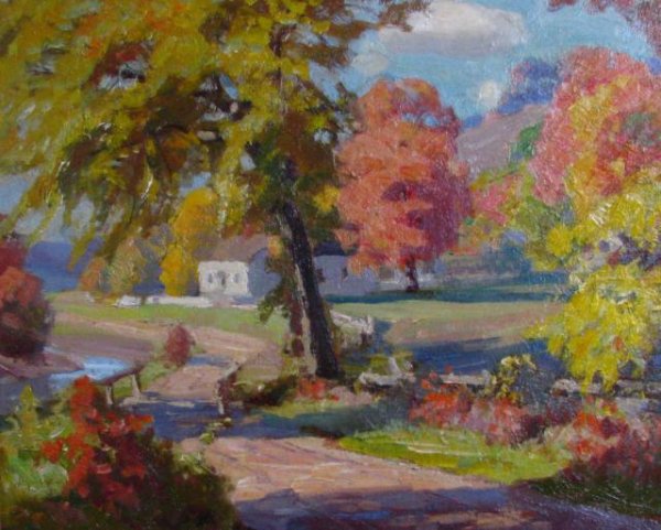 Paul T. Sargent 14 x 17 O/B Autumn Homestead: Attributed to Paul T. Sargent, 14 x 17 Oil on Board, Unsigned, Depicting Homestead in Autumn from artist to artist's niece, to current owner