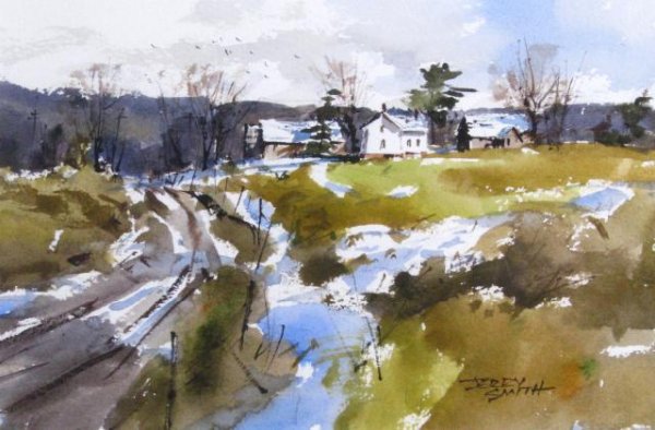 Jerry Smith 6x9 WC Winter Farmstead: Jerry Smith (IN, 1944- ), 5.75 x 8.75 Watercolor, Signed Lower Right, Depicting Early Winter Farmstead with Road