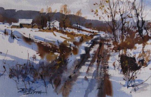 Jerry Smith 6x9 WC Rural Road: Jerry Smith (IN, 1944- ), 5.75 x 8.75 Watercolor, Signed Lower Left, Depicting Rural Road in Early Winter